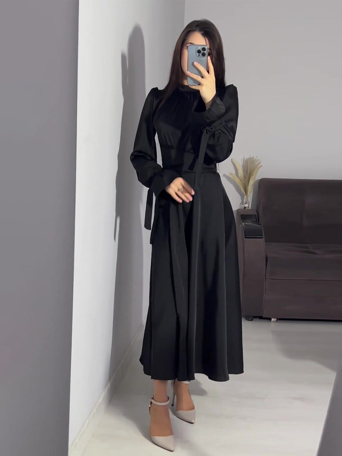 2024 New Waist-Skinny Strap Solid Color Long-Sleeved Dress Design Dress Dress Woman