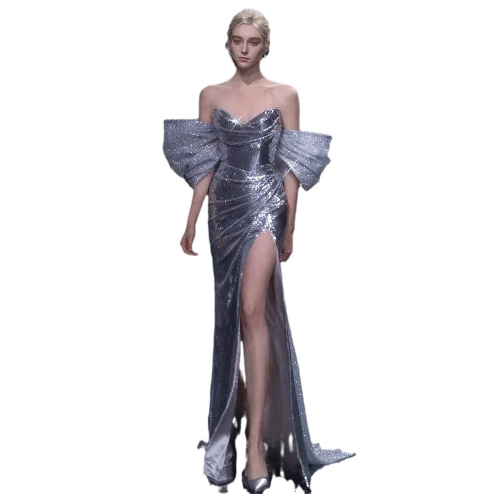 Evening Dress Silver Lily Toasting Female Feeling Open Fork Niche High-End Light Luxury Annual Host