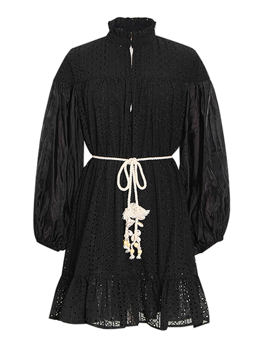 Vintage Dress Women's Dress 2025 Spring New Stand-Necked Lace Lantern Sleeve With Short Skirt