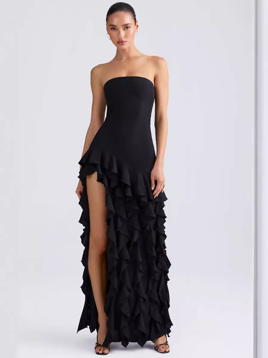 Summer Explosion Sexy Chest Repair Wooden Ear Side Open Temperament Evening Dress Dress Dress DJPT