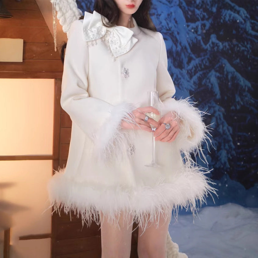 Temperament High-End Cloaked Round Collar Pearl Bow 50 Wool Double-Sided Hair Coat Coat Winter