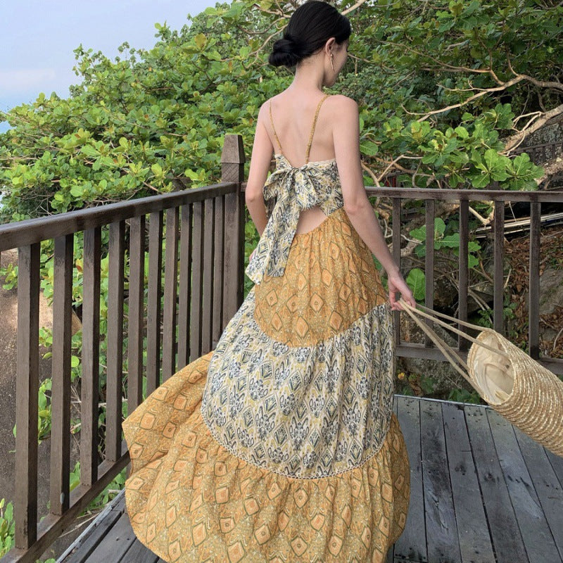 Summer Dress New Seaside Holiday Wind Loose Sling V Tie Print Splicing Dress Dress Waist And Ankle