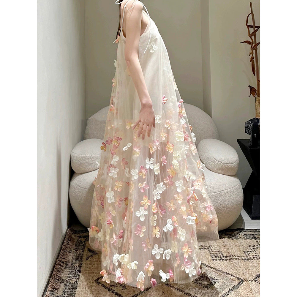 Fairy Multicolored Flower Netɴ Dress 2024 New Dream Sweet Sleeveless Suede Dress