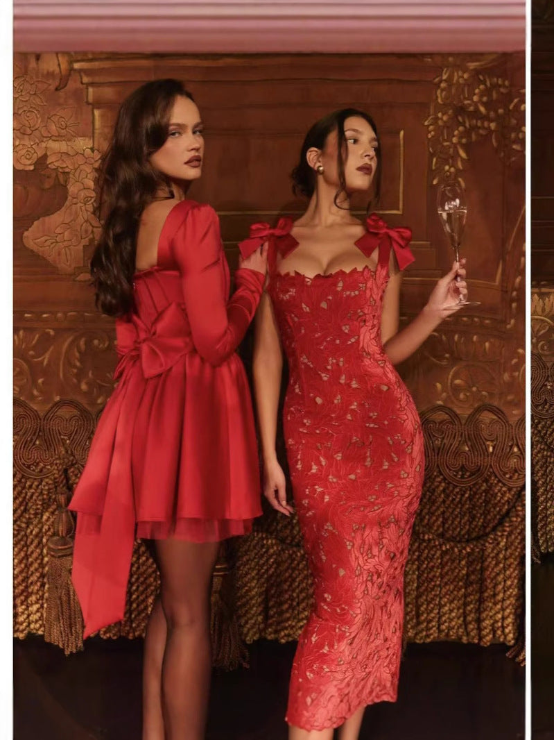 Spring And Summer Temperament Light Luxury Bow High-End Embroidery Hollow Bag Butts Long Skirt LX0119