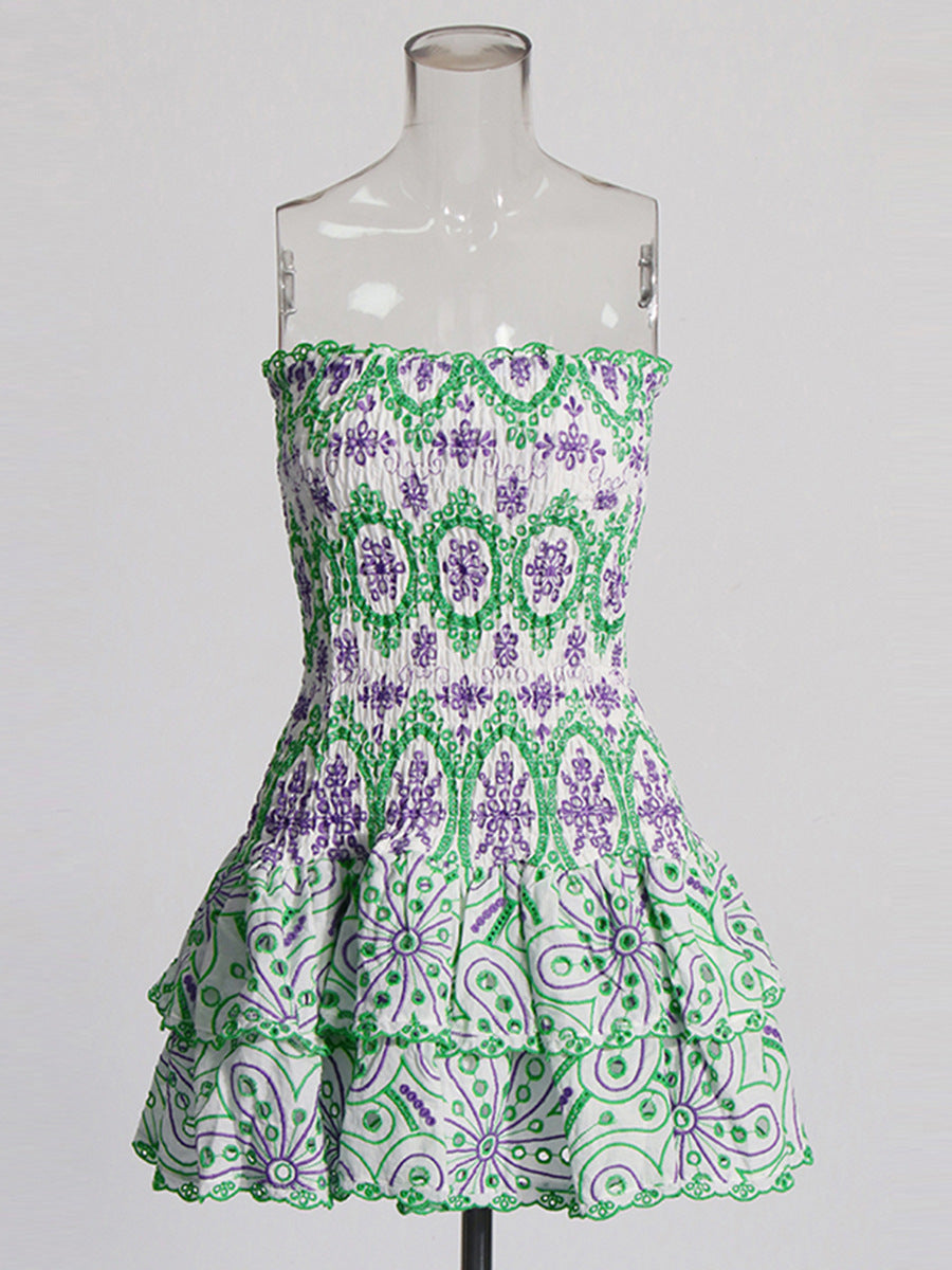Summer New Sexy Smear Embroidery Hollow Lotus Leafy Dress To Collect Waist Thin Print Slim Dress