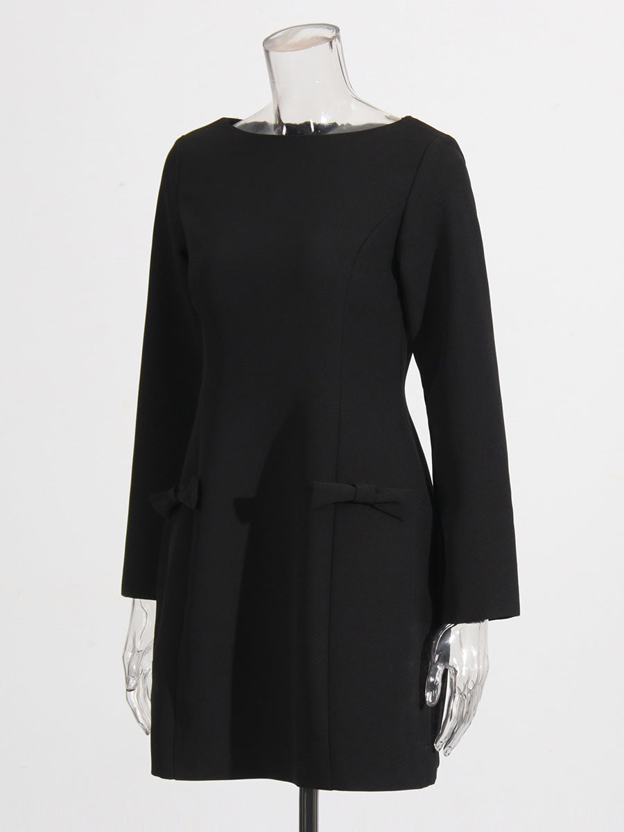 Temperament Simple Style Dress 2025 Spring And Summer New Round Collar Bow Pocket Design A-Character Dress