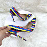Color Striped High Heels 12CM Pointed Thin-Heeled Women's Shoes Banquet Shoes High Quality Shoes