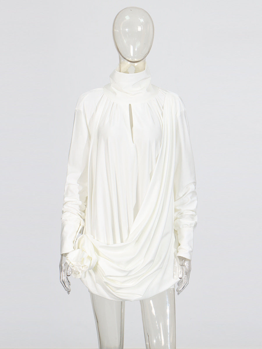 Temperament High-End Small Dress 2025 New Solid Color High-Necked Long-Sleeved Three-Dimensional Flowers Splicing Dress Dress Women's Summer