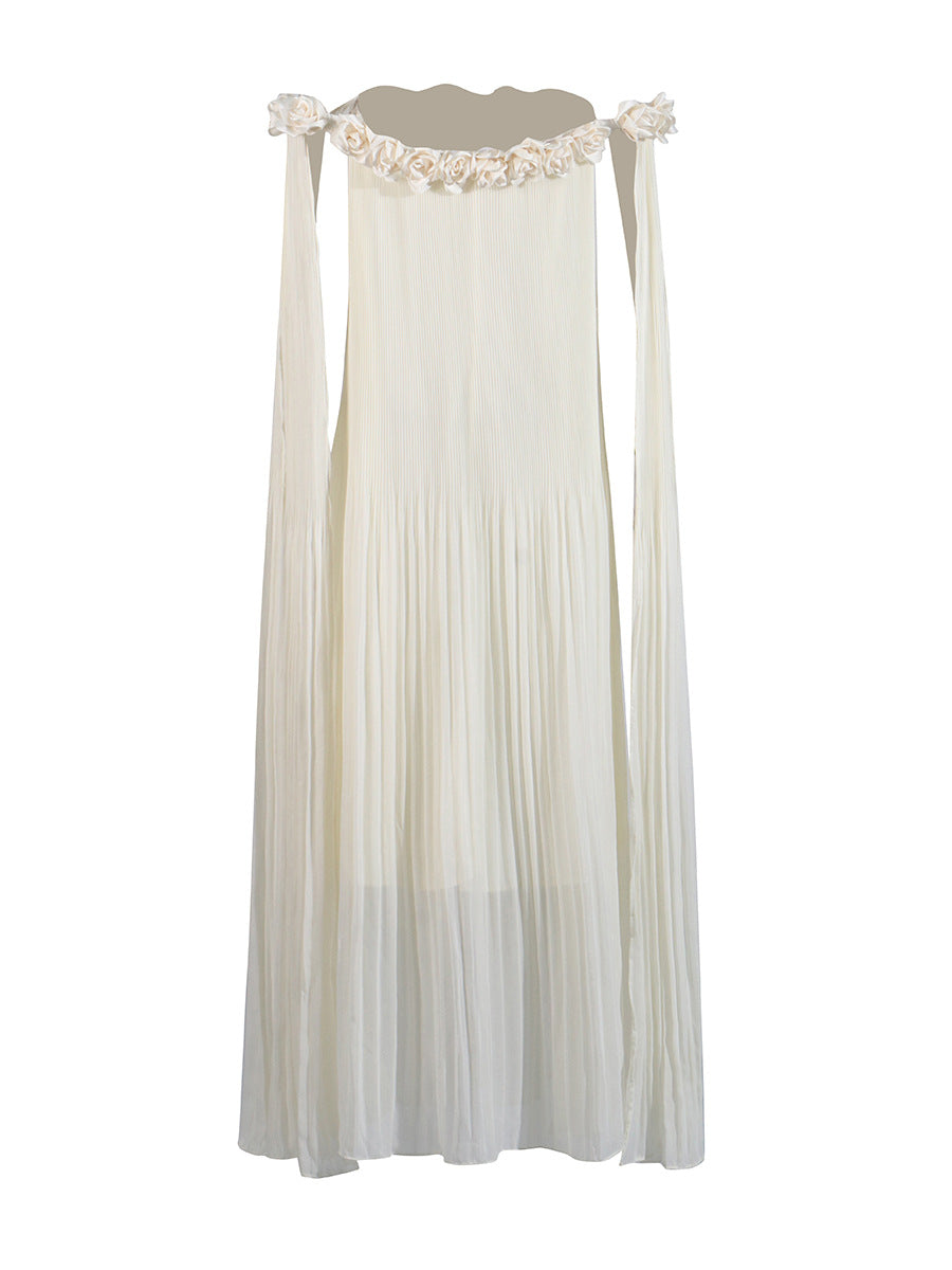 2025 New One-Word Three-Dimensional Flowers Splicing Shoulder Sexy Long Folding Long Folded Skirt Woman