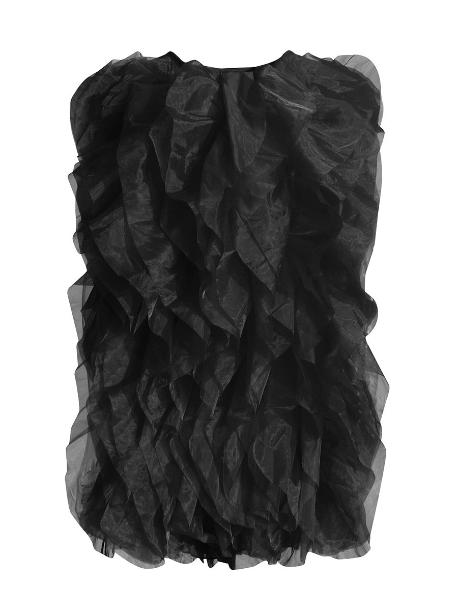 Temperament Thin Dress Women's Dress 2025 Spring New Sleeveless Wood Ear Folding Mesh Cake Skirt