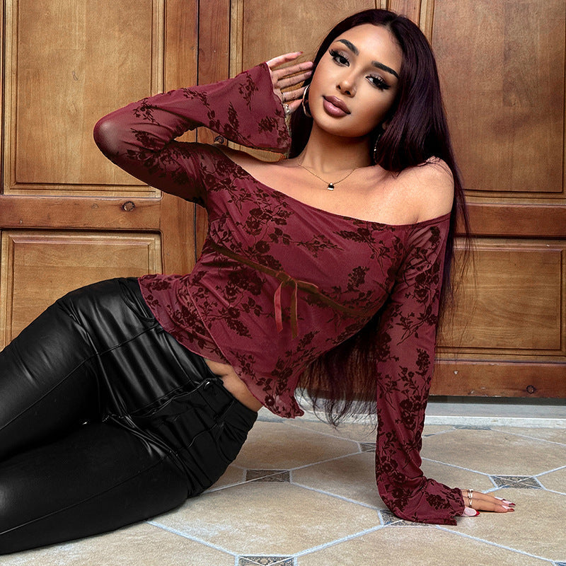 Shoulder Mesh Printing Long-Sleeved Top 2025 Summer New Fashion Hottie T-Shirt Girl DJPT