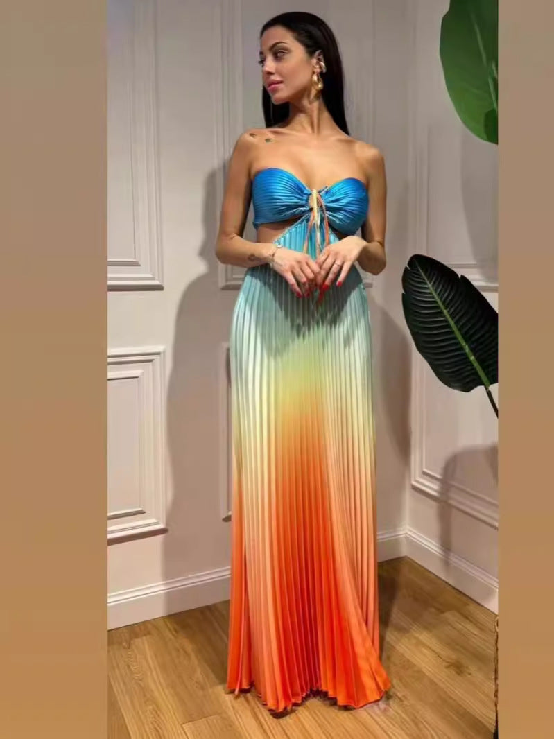 New Summer Gradient Hanging Neck Fold Fashion Dress Ladies Beach Holiday Dress