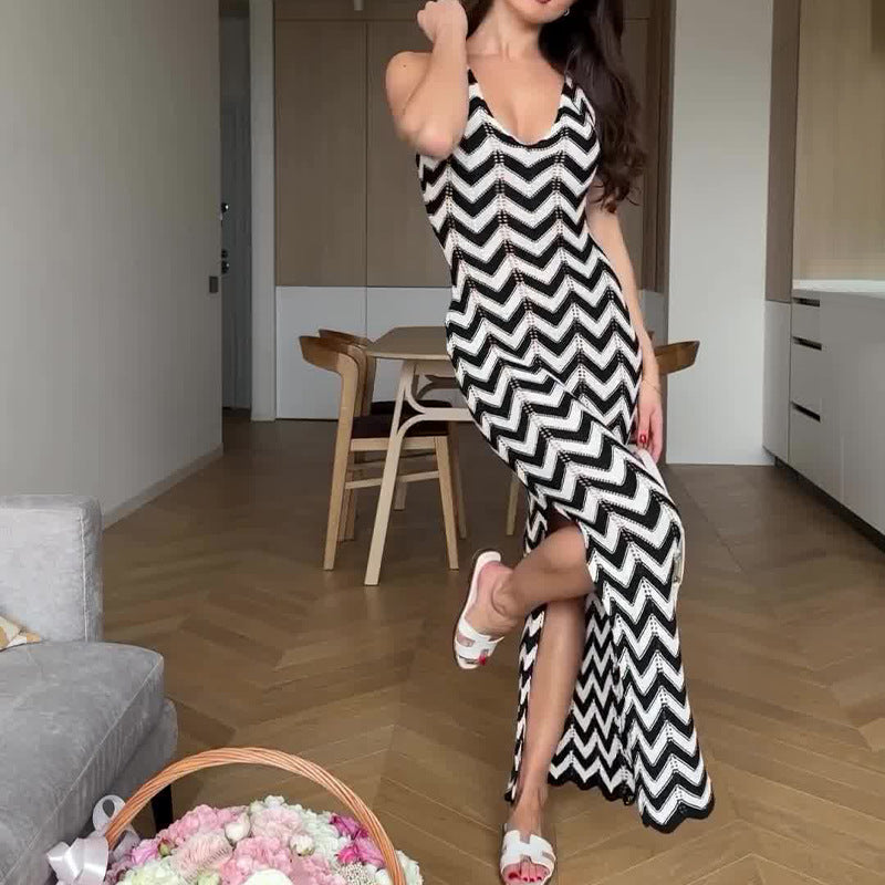 Women's Summer U Tie Sling Skirt Striped Knitted Sexy Dress