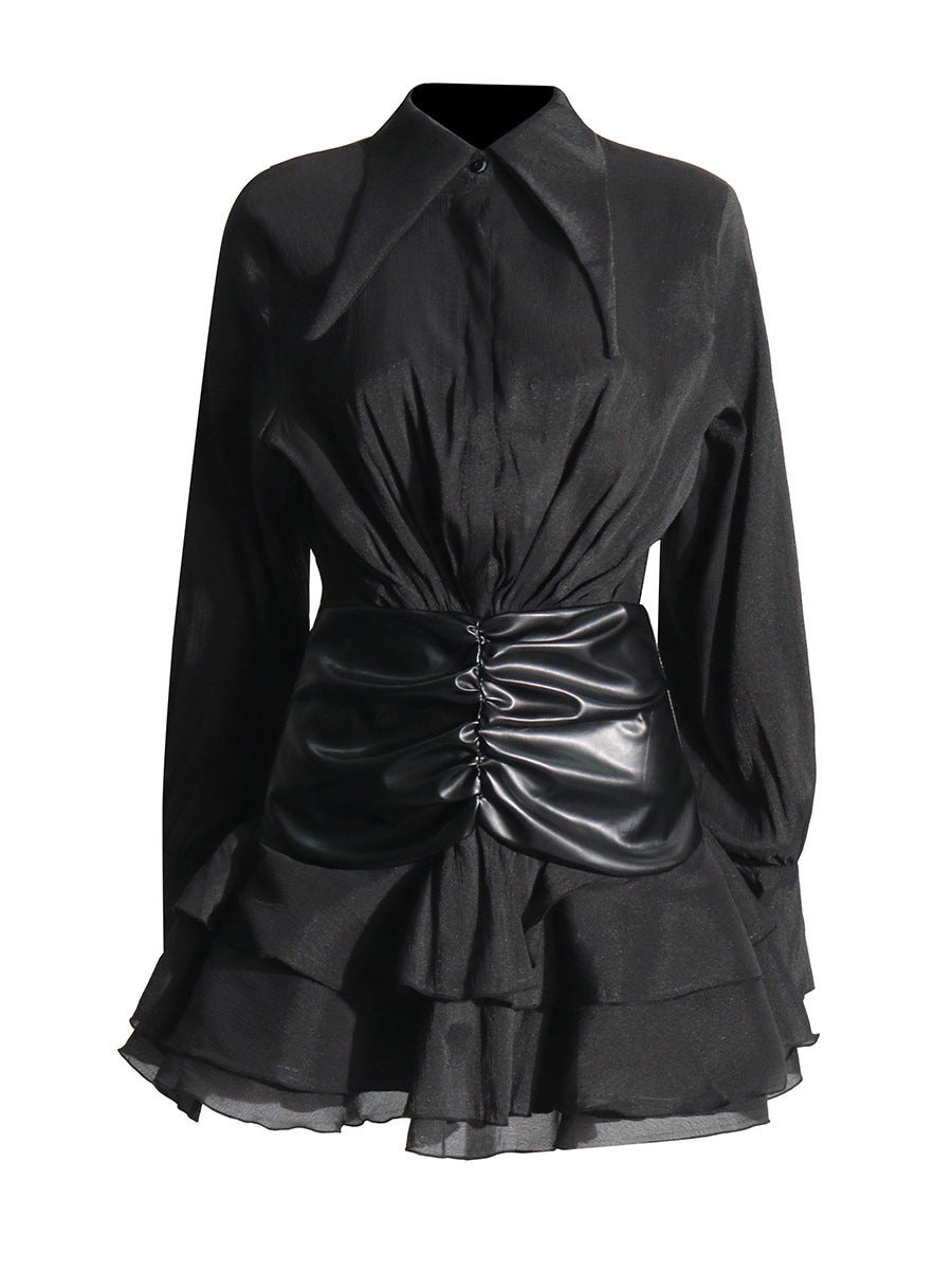Temperament Sister Style Dress Woman 2025 Summer High-Grade Folded Long Sleeve High-Waisted Leaf Side Short Dress Women's Dress