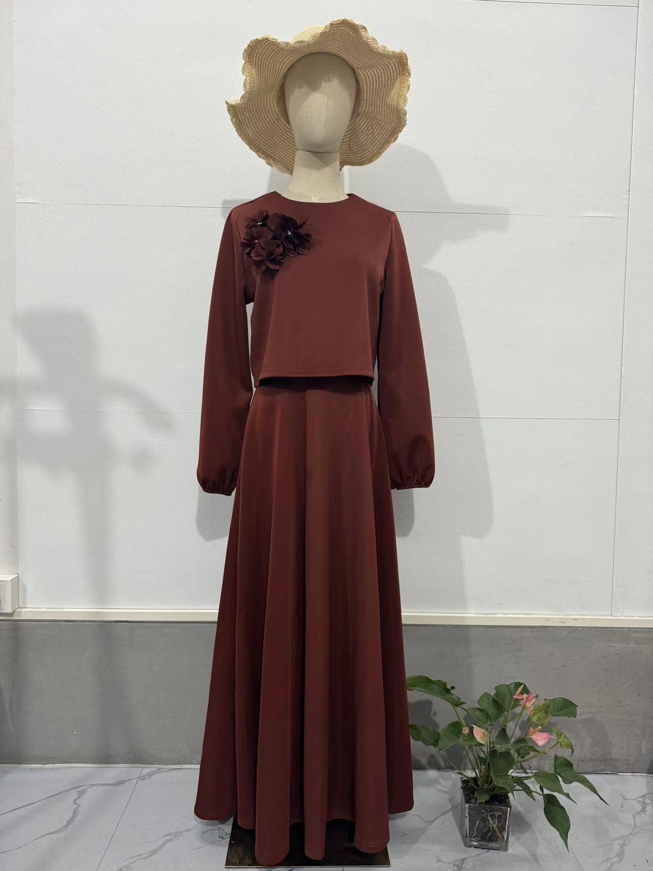 2024 New Middle East Dubai Flower Lantern Sleeve Loose Dress Dress Dress Suit Two Sets