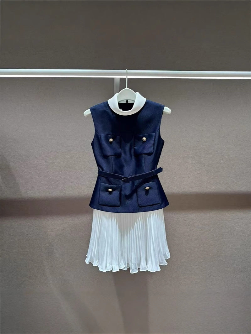 New Blue And White Collar Collar Fake Two Sleeveless Dress Temperament Famous Wind Thin Short Dress 2025 Summer