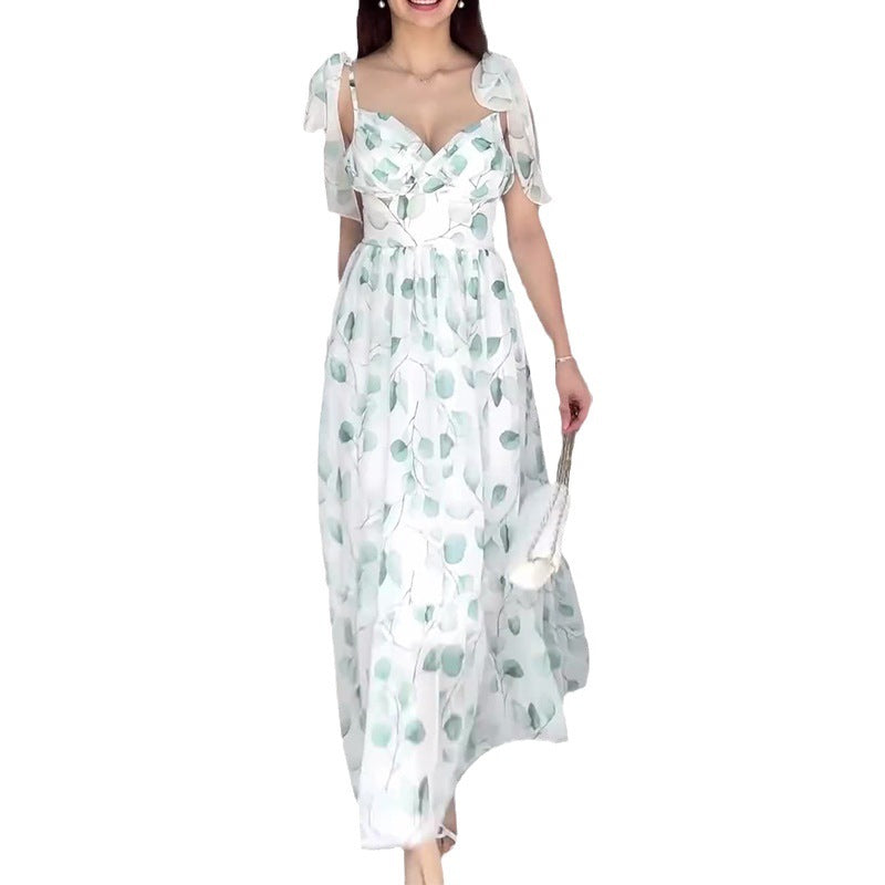 Women's Summer Strap Sling V Tie Floral Skirt High Waist Repair Temperament