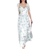 Women's Summer Strap Sling V Tie Floral Skirt High Waist Repair Temperament