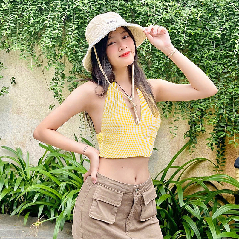 Holiday Breeze Hottie Sexy Hanging Neck Folding Vest Woman 2025 Summer New Trend Blouse DJPT