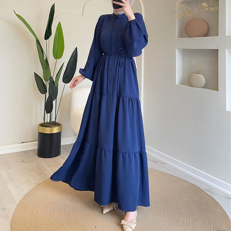 Women's Autumn Round-Neck Long-Sleeved Single Buckle High-Waisted Splicing Dress
