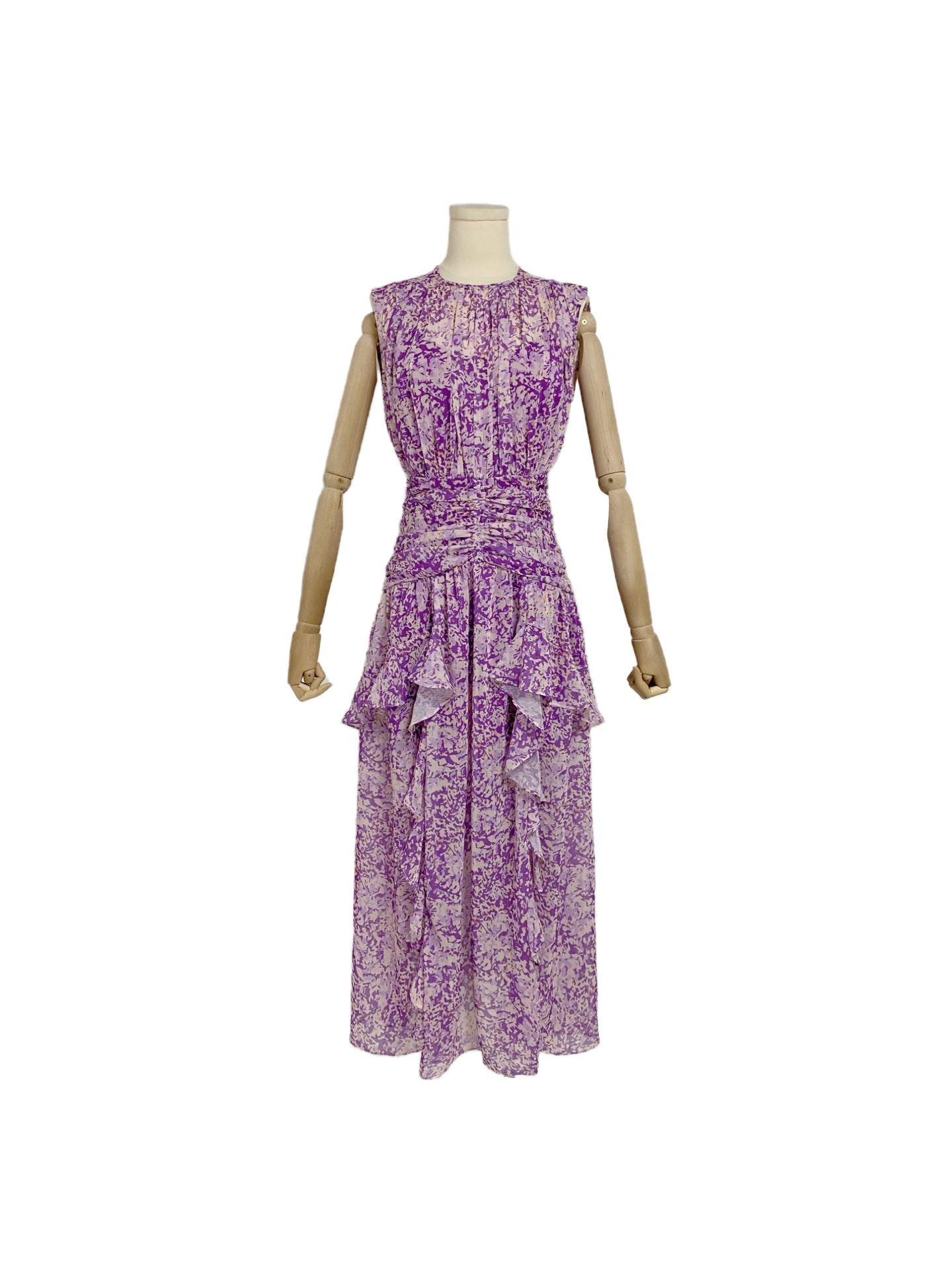 Autumn New Chiffon Printing Round Neckless Waist Design Lotus Leaf Side Long Dress