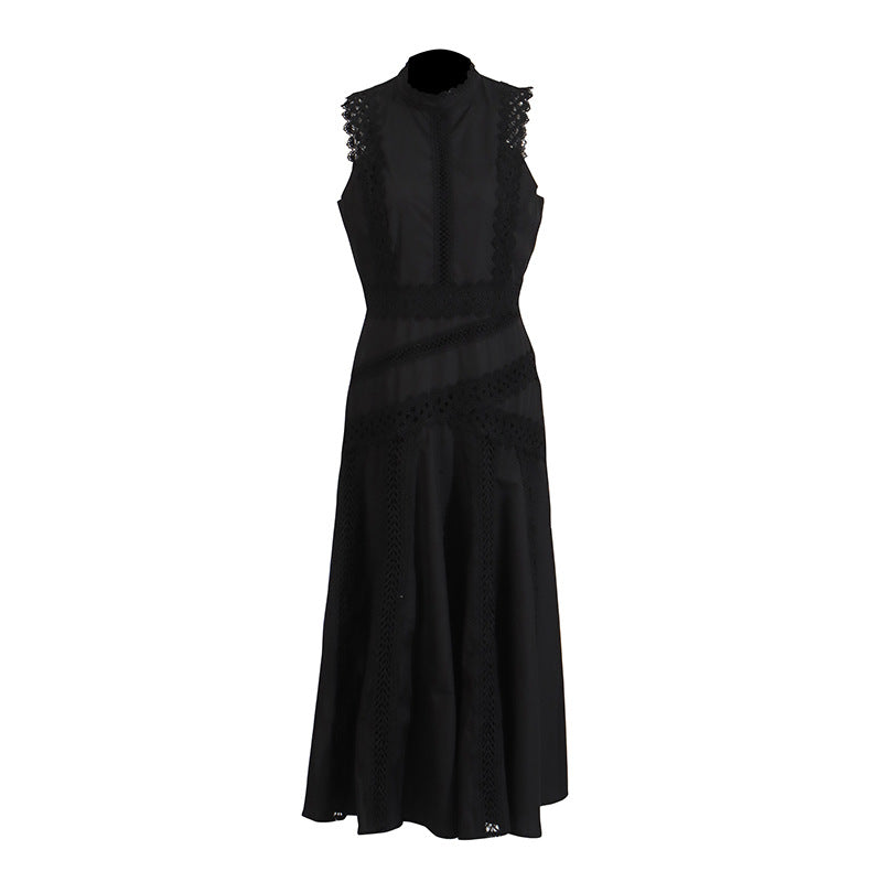 Temperament Lady Style Dress 2025 New Sleeveless Collar Lace Hollow Waist Lotus Leaf Side Gentle Dress Girl