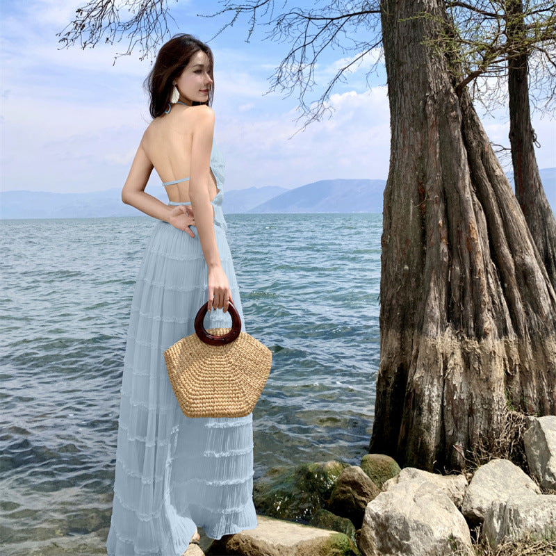 Dress Niche Design Hanging Neck Sling Sling Vest Holiday Wrinkled Half-Dress Suit