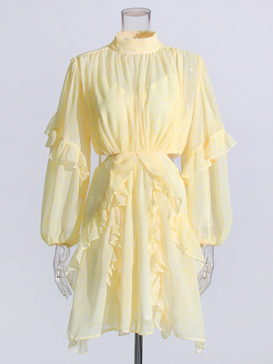 Retro Style 2025 Summer New Mesh Collar Long Sleeves Wood Ear Design Lumbar Short Dress Woman