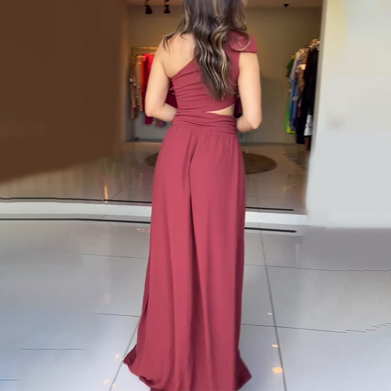 Summer Slanted Shoulder Sexy Dress High Waist-Rise Open Fork Dress