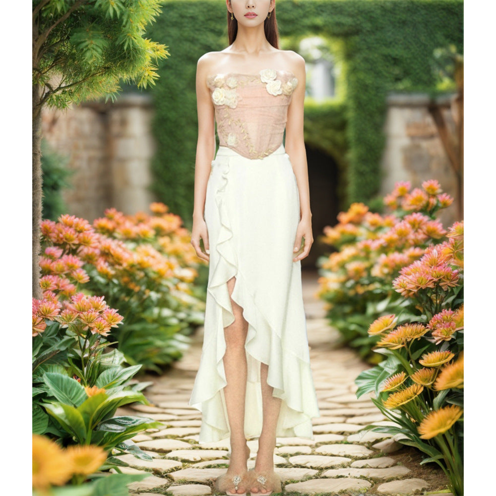 New Romantic Flowers Decorated With Fish Bone Thoracic Coat With Lotus Leaves Side Boiling Fish Tail Half Skirt Set