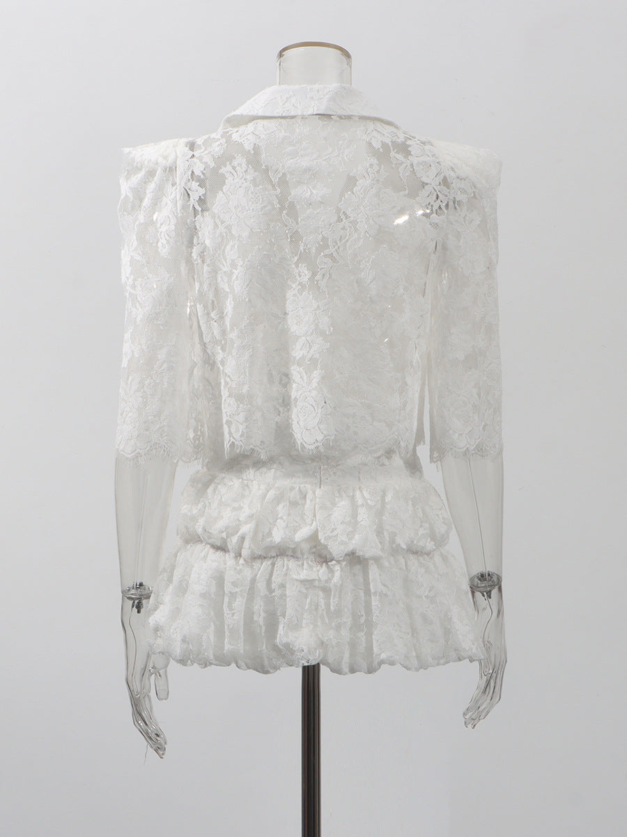 Lace Hollow Famous Style Suit 2025 New Women's Summer Shirt + Ultra-Short Skirt Solid Color