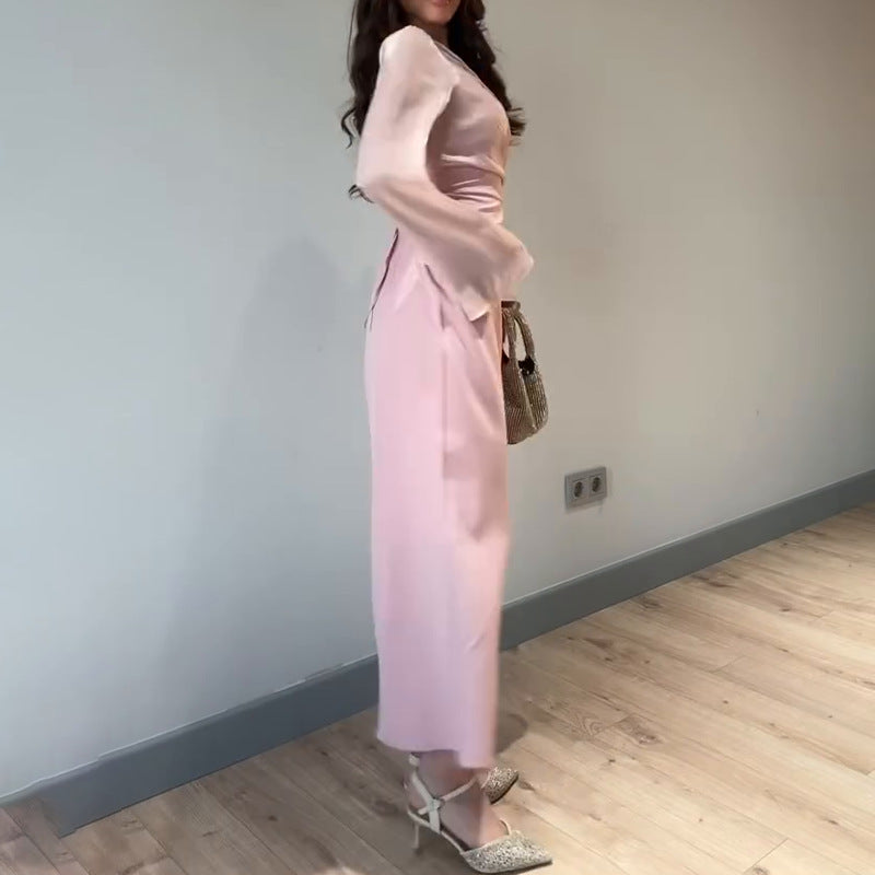 Women's Autumn Round-Neck Long Sleeve Splicing Long Skirts To Repair Height Waist Skirt Women