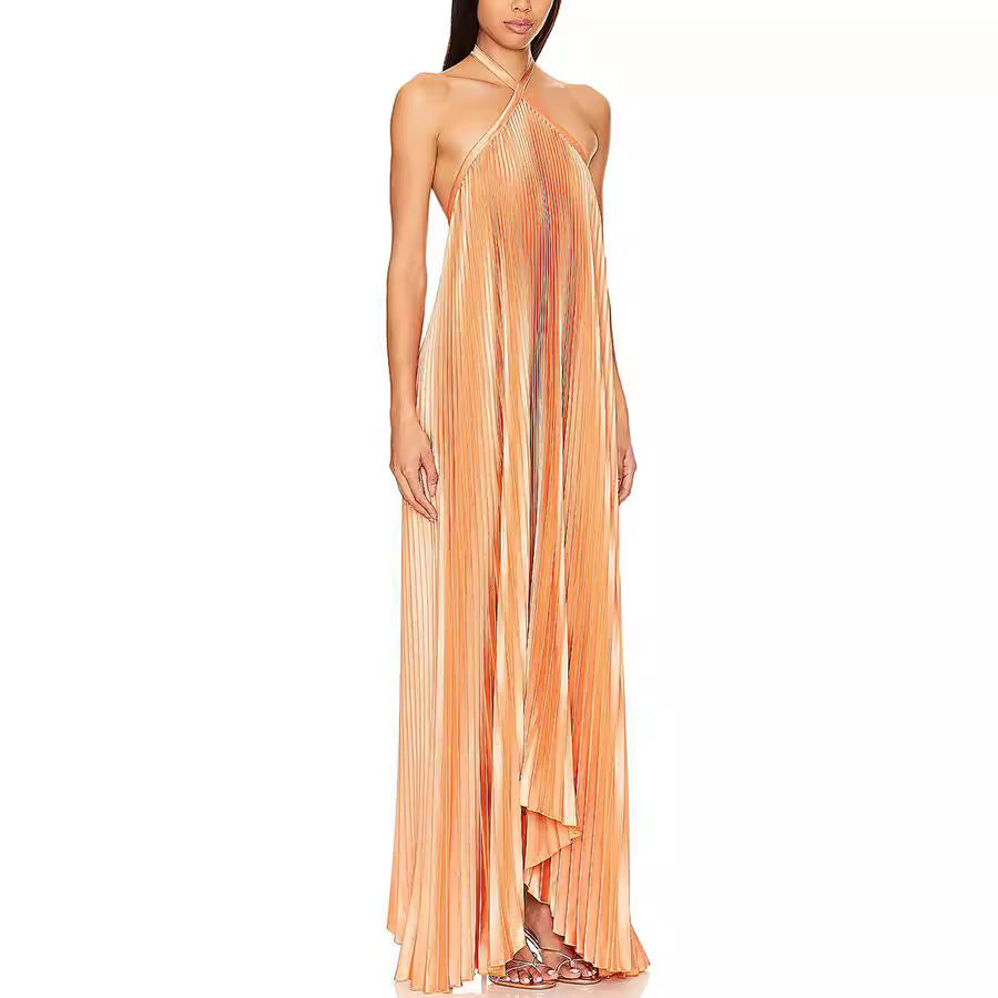 Women's Clothing Hanging Neck-Deck Sexy Dress Holiday Sleeveless Fashion 100 Folded Women 8080 HZ0628