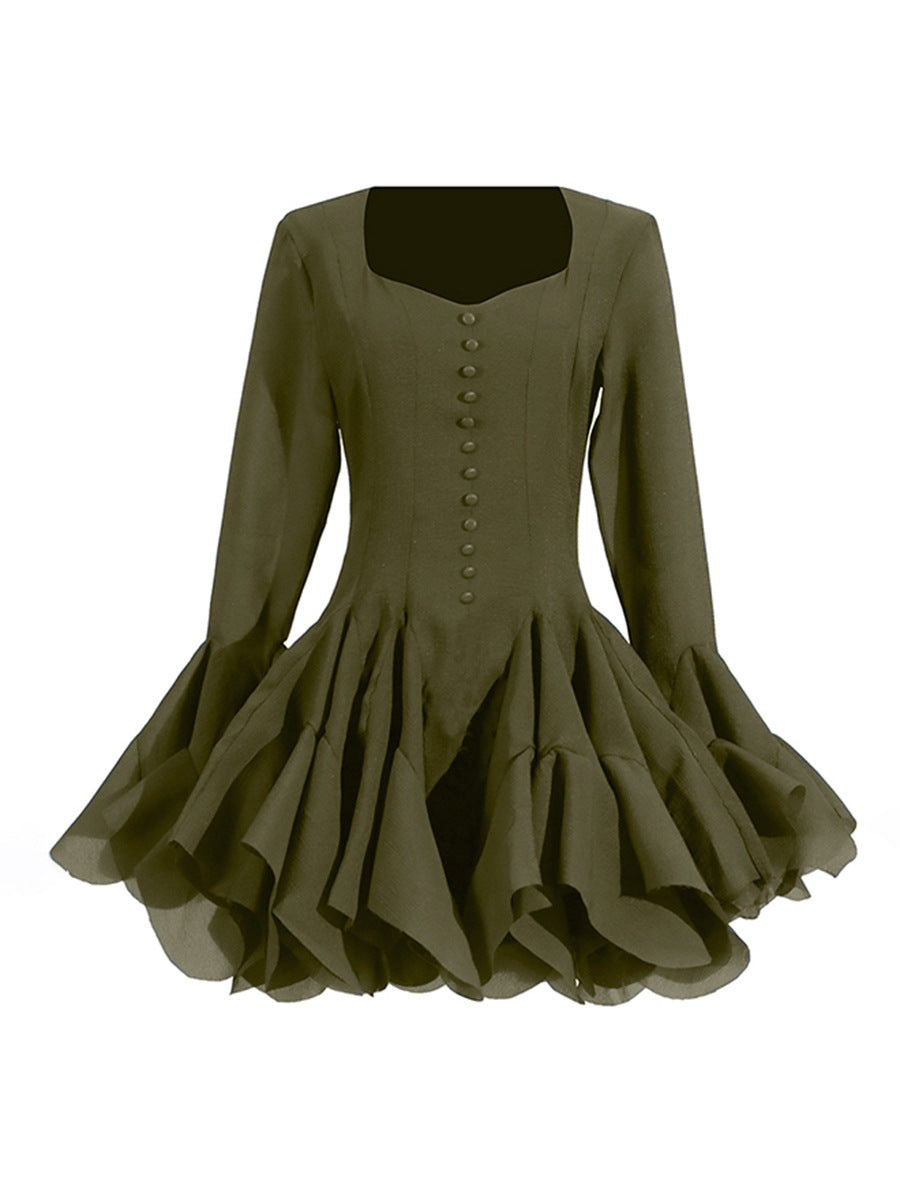 Fairy Dress 2025 New Square Collar Single Buckle Lotus Side Horn Sleeve Short Dress