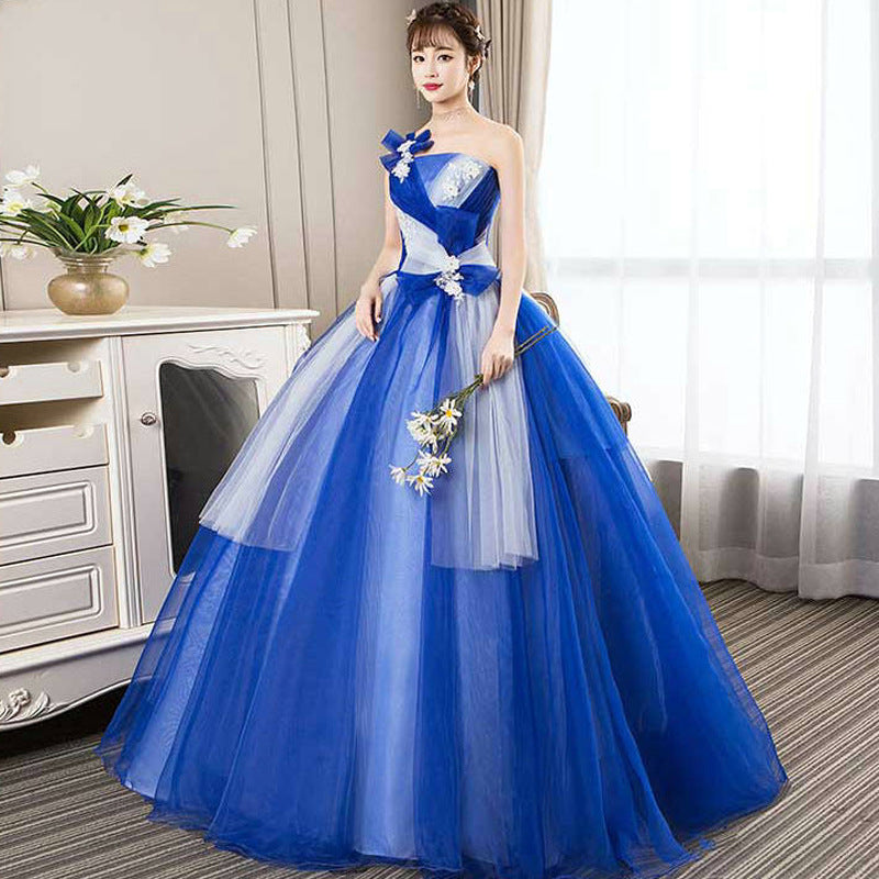 2025 New Blue Stage Performance Suit Ponpong Skirt Photo One-Shoulder Evening Dress Yarn