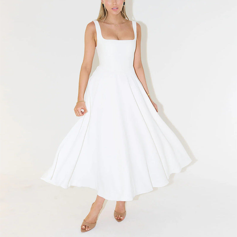 Summer New Simple Sexy Solid Color Shoulder Strap Repair Medium Long Dress
