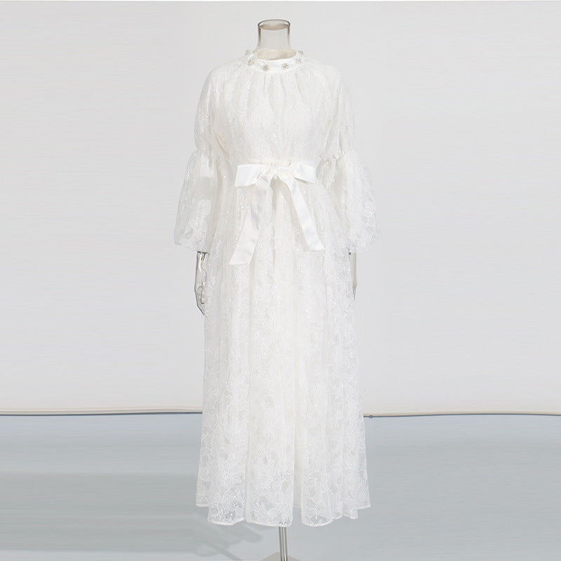 Retro Wind Collared Diamond Splicing Dress 2025 New Women's Summer Lace Yarn Dress