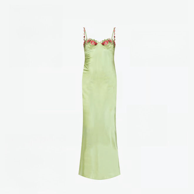 Summer New Green Flowers Embroidered Low-Breasted Sling Dress Women's Seaside Holiday Babes Ass Skirt
