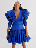 Style Sexy Deep V-Dressed With Lotus Leaf Side Bubble Sleeves Short-Sleeved Blue Dress Dress Dress Short Dress Woman