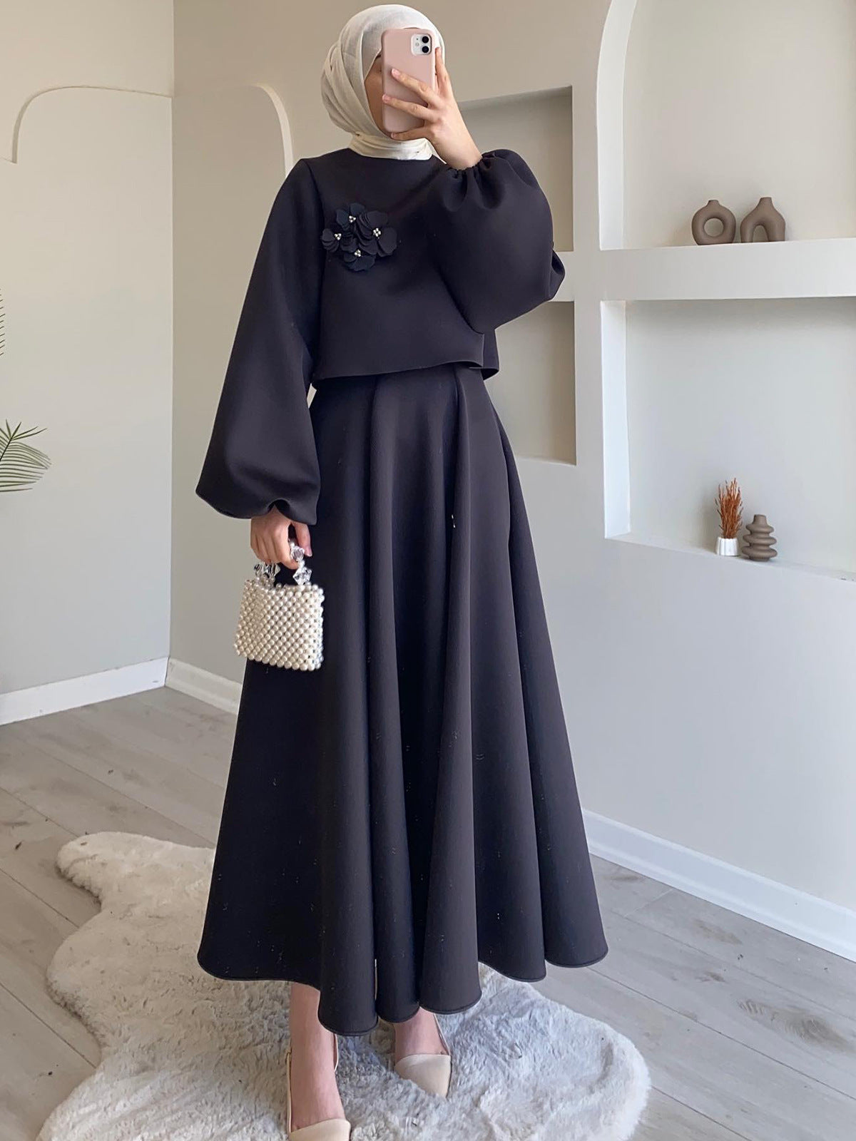 2024 New Middle East Dubai Flower Lantern Sleeve Loose Dress Dress Dress Suit Two Sets