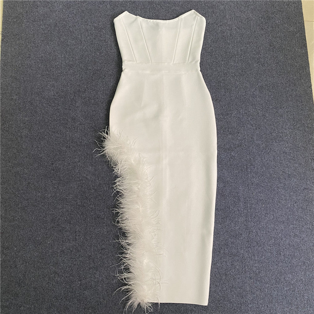 Open Fork Bra Feather Bandage Repair Body Elastic Party Mid-Long Dress Dress Dress