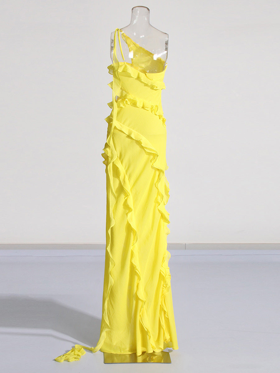 Wind-Slanted Shoulder Dress Dress 2025 Spring New Splicing Wood Ear Repair Sexy Open Skirt Dress Woman