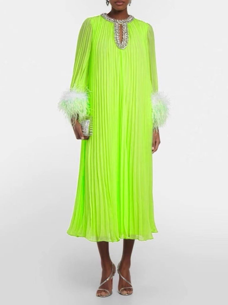 2024 New Round-Neck Heavy Industry Nail Nails And Fur Folding Process Horn Sleeve Long Dress