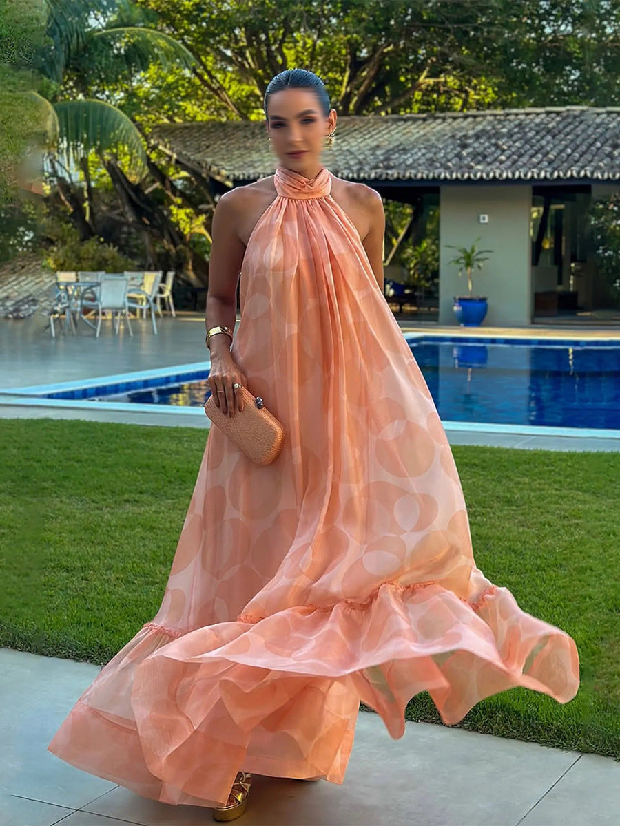 Printed Holiday Dress 2025 Summer Show Back New Hanging Neck Sleeveless Swing Leaves Side Dress Woman