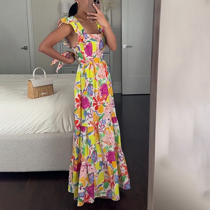 Women's Summer Leader Flying Flying Flying Sleeves Shredded Floral Skirt High Waist Repair Splicing Umbrella Skirt Woman