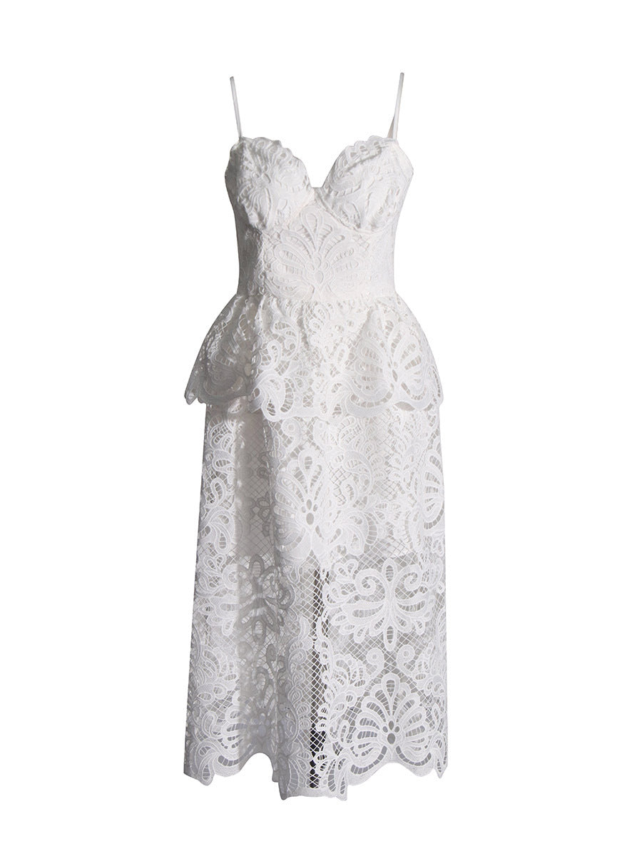 Elegant Wind-Sling Dress 2025 Spring Hollow Embroidered Water-Soluble Flower High-Waisted Bra Dress Female
