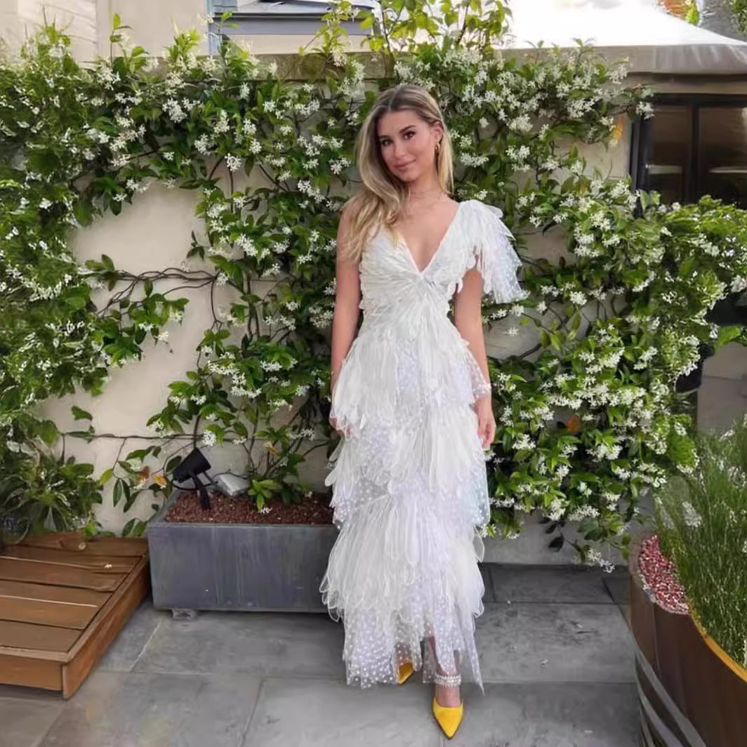 2025 White Feathers Hollow V-Necked Dress 9009