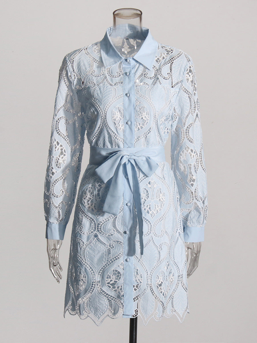 French Retro Embroidered Short Dress 2025 Summer New Collar Long Sleeves To Close The Waist Irregular Dress Woman