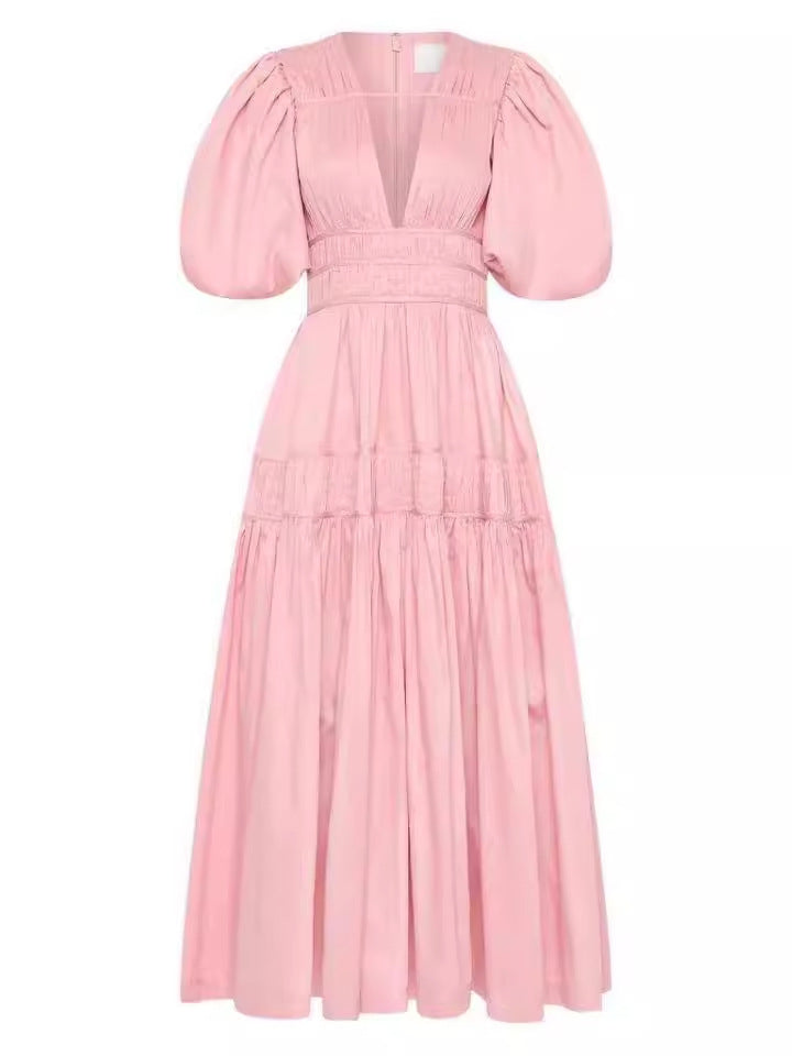 Niche 2024 Summer Wind V Collar Bubble Sleeves Short Sleeve Splicing Folds To Collect Waist Pink Dress Dress