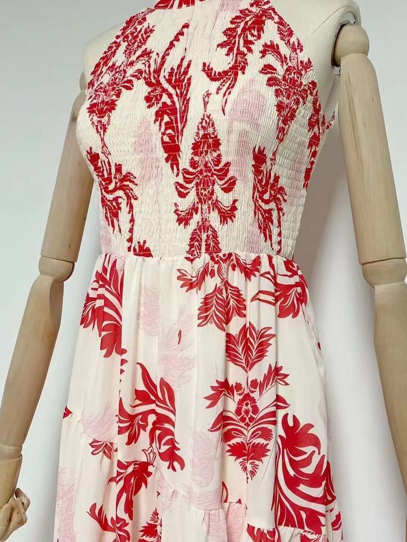 Summer New Holiday Wind Standing Sleeveless Splicing Design Waist Long Dress Dress Woman